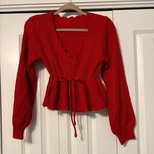 Women’s Red Knit Sweater with Scalloped Edges